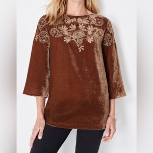 J.Jill Luxurious Velvet Embroidered 3/4 Bell Sleeve Top Size XL Brown Paisley